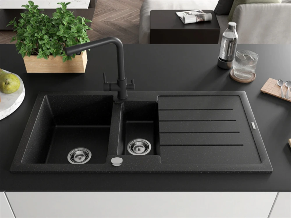 Granitinė virtuvinė plautuvė Mexen Andres su maišytuvu ir sifonu, Metallic juodas/sidabrinis+Juodas