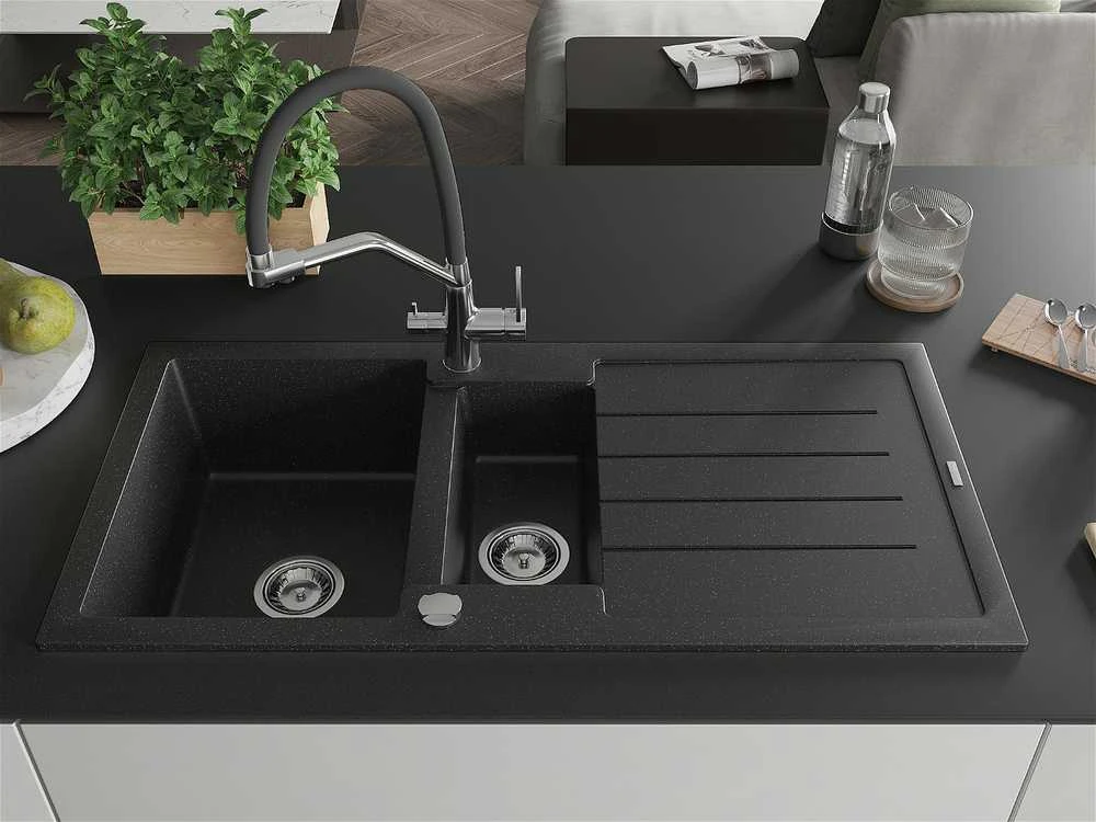Granitinė virtuvinė plautuvė Mexen Andres su maišytuvu ir sifonu, Metallic juodas/sidabrinis+Juodas/Chrome