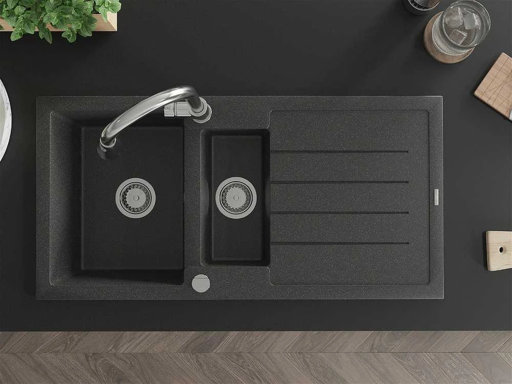 Granitinė virtuvinė plautuvė Mexen Andres su maišytuvu ir sifonu, Juodas granite+Chrome