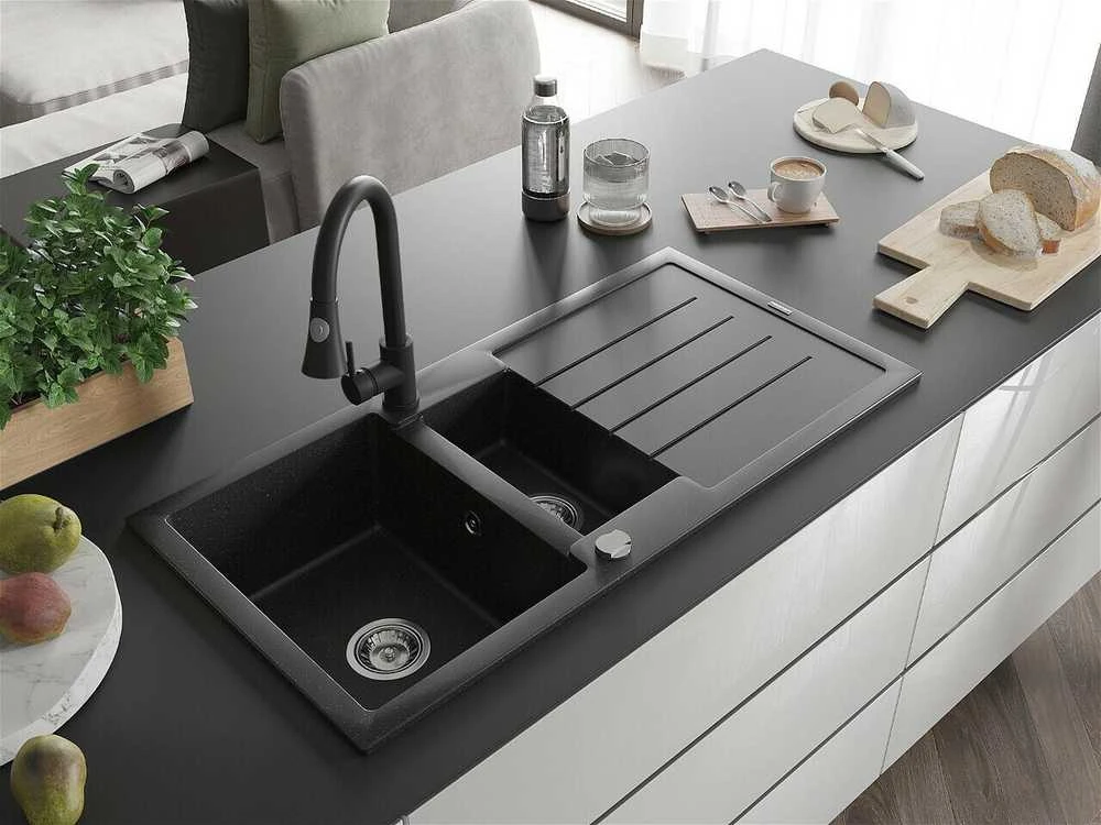 Granitinė virtuvinė plautuvė Mexen Andres su maišytuvu ir sifonu, Metallic juodas/sidabrinis+Juodas