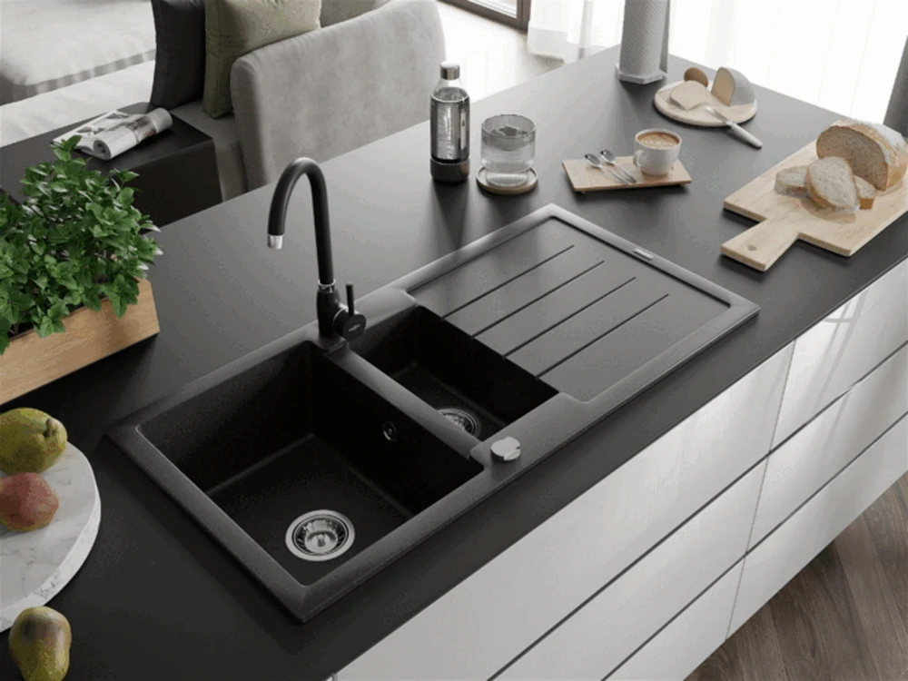 Granitinė virtuvinė plautuvė Mexen Andres su maišytuvu ir sifonu, Juodas granite+Juodas