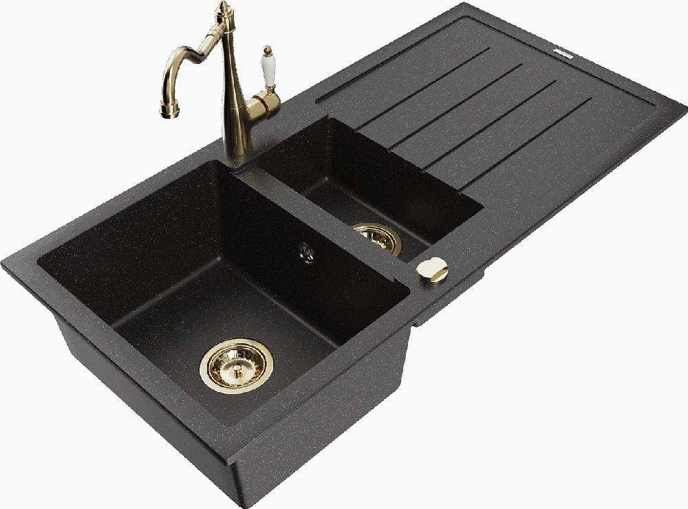 Granitinė virtuvinė plautuvė Mexen Andres su maišytuvu ir sifonu, Metallic juodas/sidabrinis+Gold