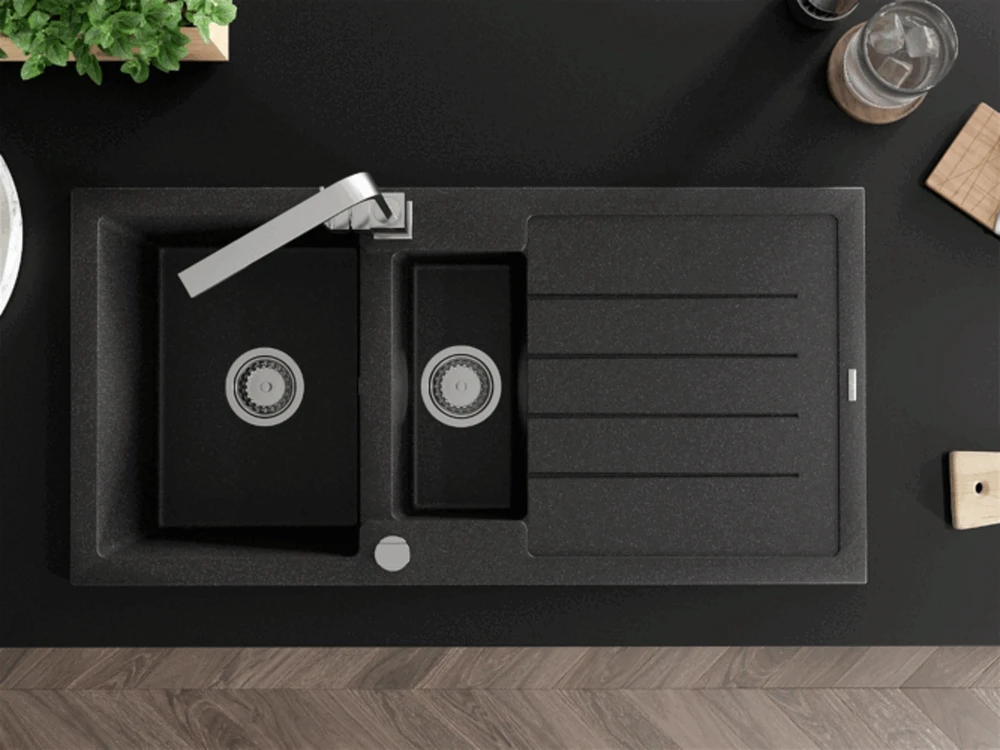 Granitinė virtuvinė plautuvė Mexen Andres su maišytuvu ir sifonu, Juodas granite+Chrome