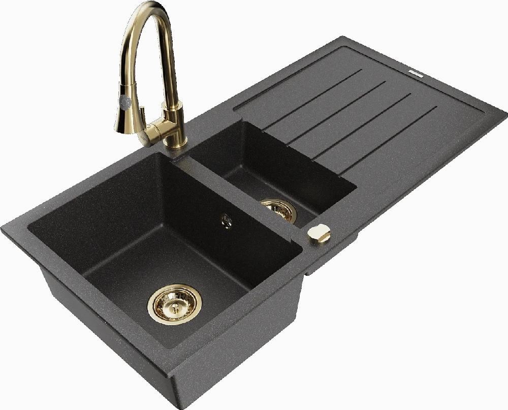 Granitinė virtuvinė plautuvė Mexen Andres su maišytuvu ir sifonu, Juodas granite+Gold