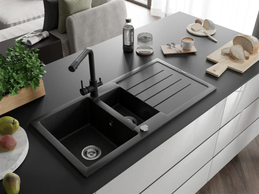 Granitinė virtuvinė plautuvė Mexen Andres su maišytuvu ir sifonu, Juodas granite+Juodas
