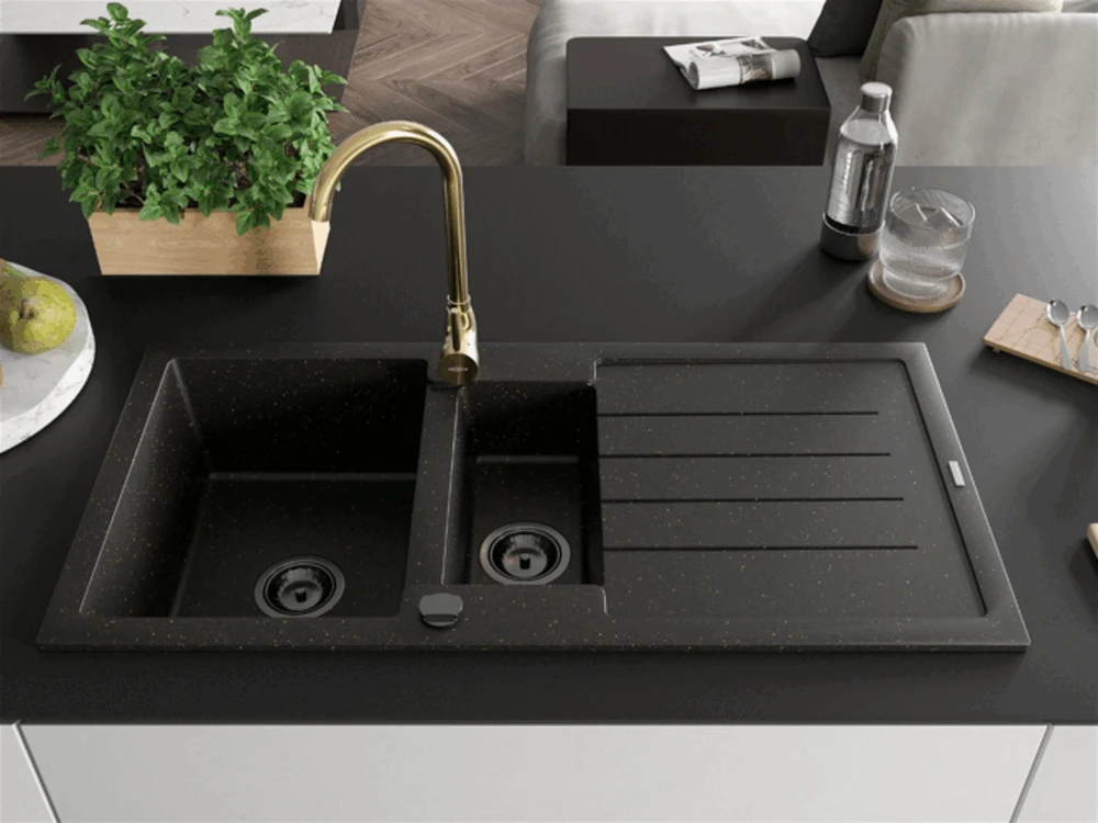 Granitinė virtuvinė plautuvė Mexen Andres su maišytuvu ir sifonu, Metallic juodas/auksinis+Gold(B)