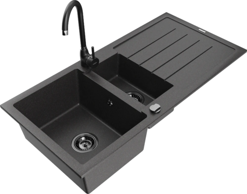 Granitinė virtuvinė plautuvė Mexen Andres su maišytuvu ir sifonu, Juodas granite+Juodas(B)