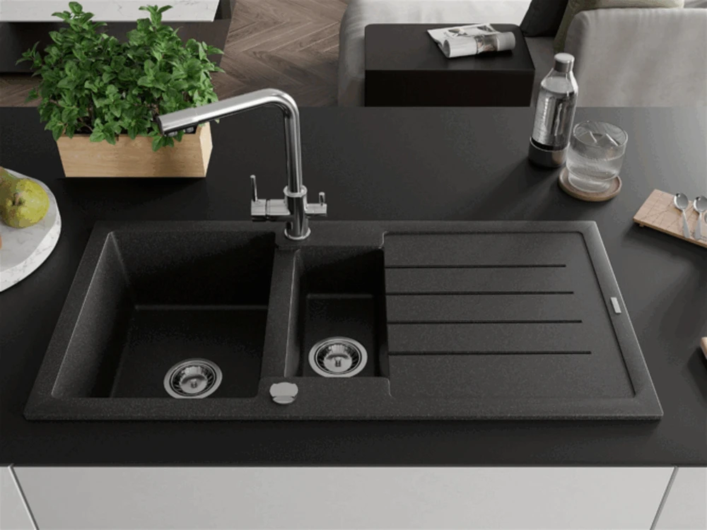 Granitinė virtuvinė plautuvė Mexen Andres su maišytuvu ir sifonu, Juodas granite+Chrome