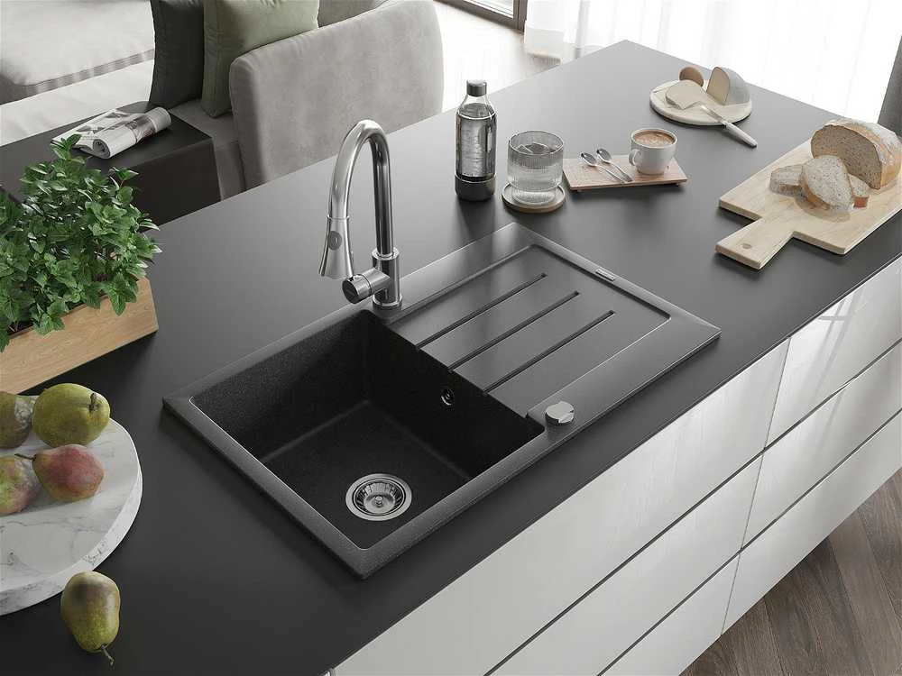 Granitinė virtuvinė plautuvė Mexen Bruno su maišytuvu ir sifonu, Juodas granite+Chrome
