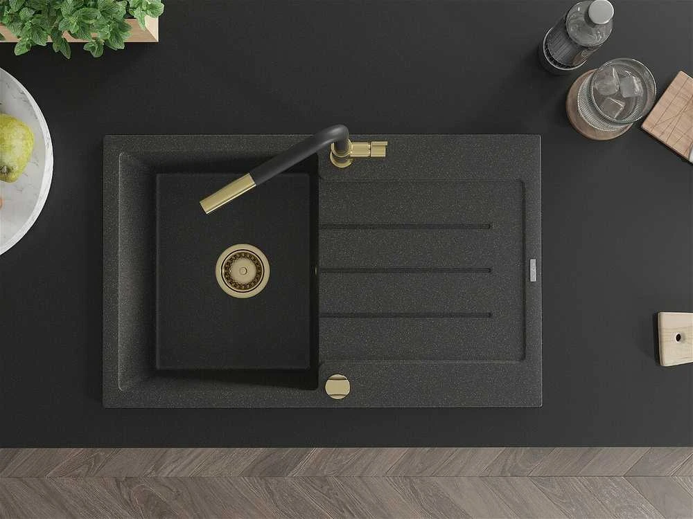 Granitinė virtuvinė plautuvė Mexen Bruno su maišytuvu ir sifonu, Juodas granite+Juodas/Gold