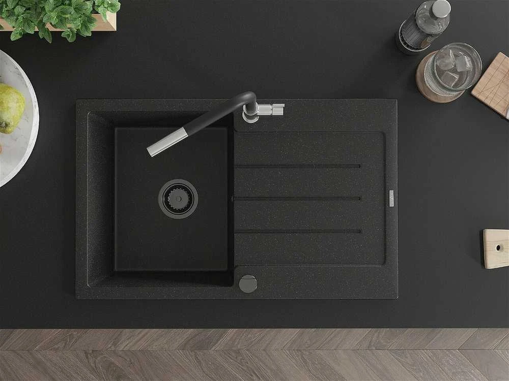 Granitinė virtuvinė plautuvė Mexen Bruno su maišytuvu ir sifonu, Metallic juodas/sidabrinis+Juodas/Chrome