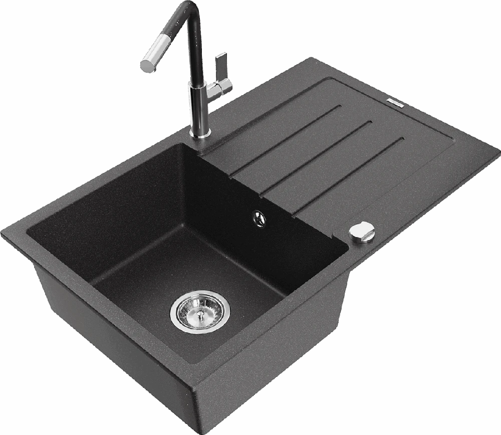 Granitinė virtuvinė plautuvė Mexen Bruno su maišytuvu ir sifonu, Juodas granite+Juodas/Chrome