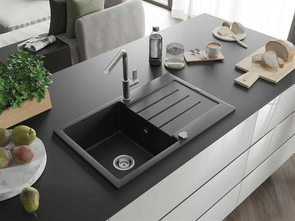 Granitinė virtuvinė plautuvė Mexen Bruno su maišytuvu ir sifonu, Metallic juodas/sidabrinis+Chrome