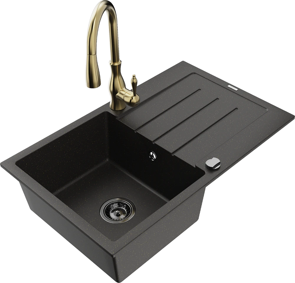 Granitinė virtuvinė plautuvė Mexen Bruno su maišytuvu ir sifonu, Metallic juodas/auksinis+Gold