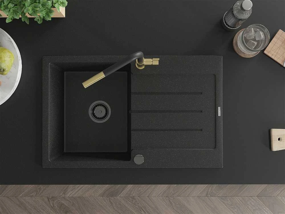 Granitinė virtuvinė plautuvė Mexen Bruno su maišytuvu ir sifonu, Metallic juodas/sidabrinis+Juodas/Gold