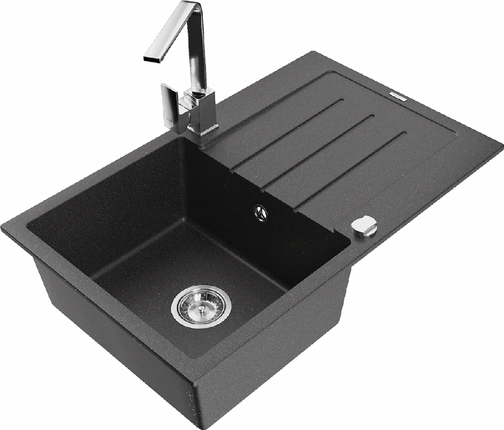 Granitinė virtuvinė plautuvė Mexen Bruno su maišytuvu ir sifonu, Juodas granite+Chrome