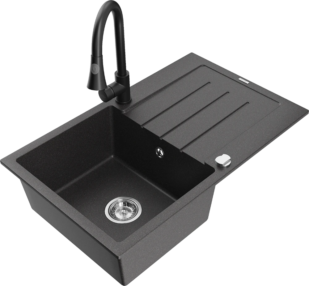 Granitinė virtuvinė plautuvė Mexen Bruno su maišytuvu ir sifonu, Juodas granite+Juodas