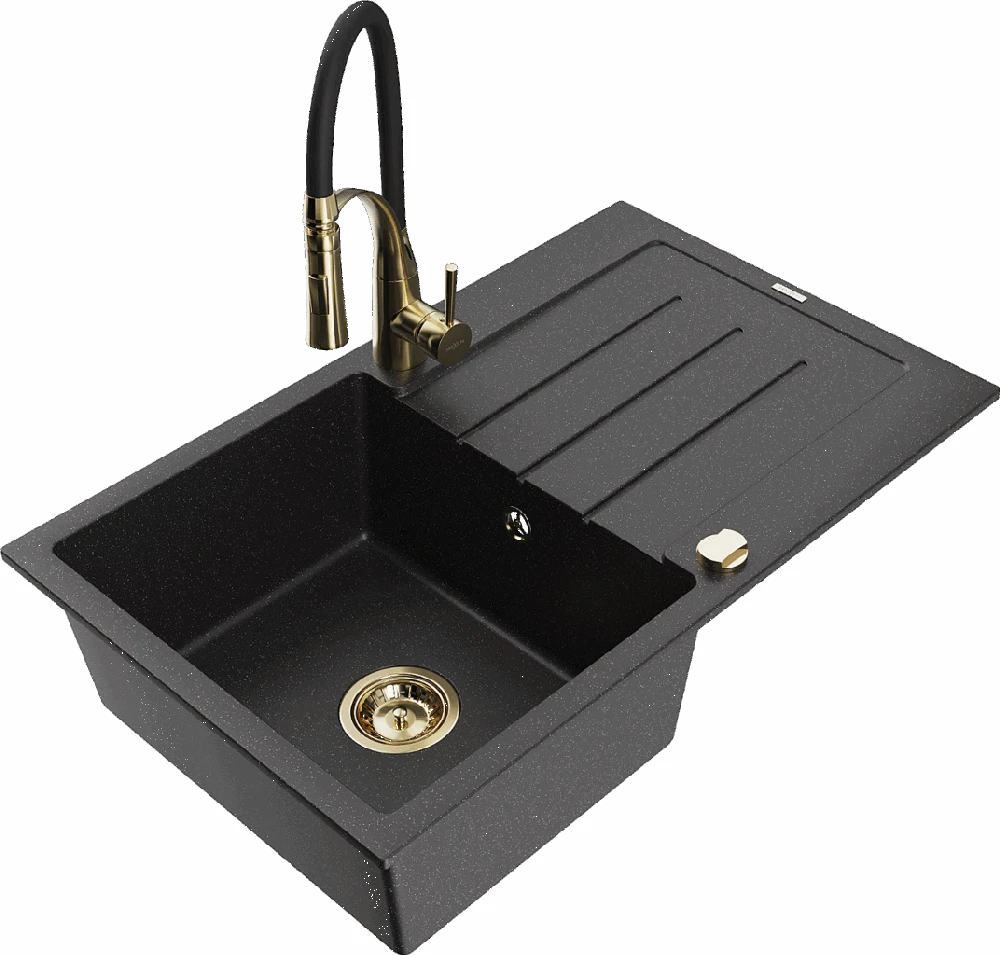Granitinė virtuvinė plautuvė Mexen Bruno su maišytuvu ir sifonu, Metallic juodas/sidabrinis+Juodas/Gold