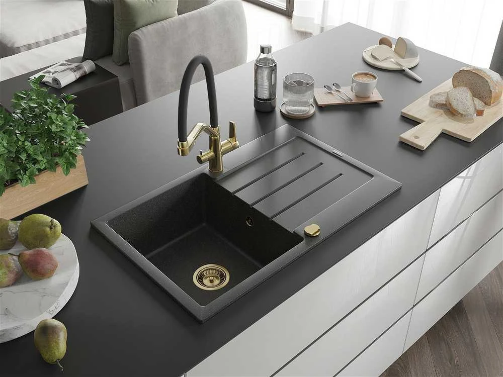 Granitinė virtuvinė plautuvė Mexen Bruno su maišytuvu ir sifonu, Juodas granite+Juodas/Gold