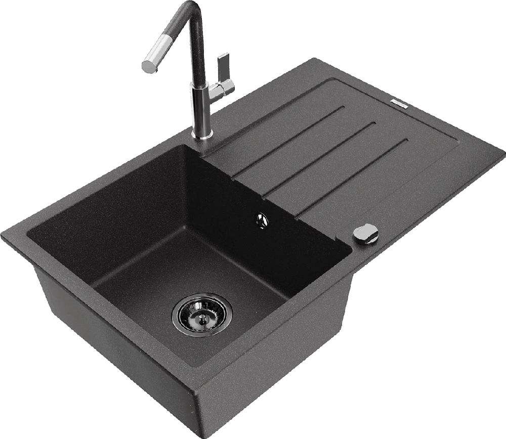 Granitinė virtuvinė plautuvė Mexen Bruno su maišytuvu ir sifonu, Juodas granite+Juodas granite/Chrome