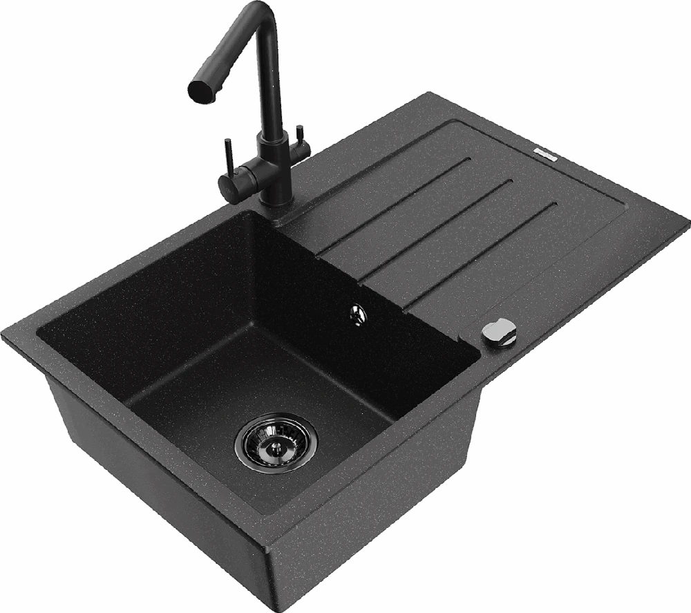 Granitinė virtuvinė plautuvė Mexen Bruno su maišytuvu ir sifonu, Metallic juodas/sliver+Juodas