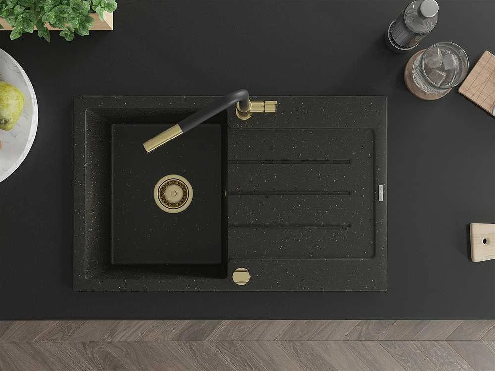 Granitinė virtuvinė plautuvė Mexen Bruno su maišytuvu ir sifonu, Metallic juodas/auksinis+Juodas/Gold
