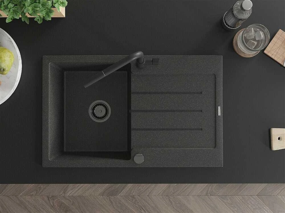 Granitinė virtuvinė plautuvė Mexen Bruno su maišytuvu ir sifonu, Juodas granite+Juodas