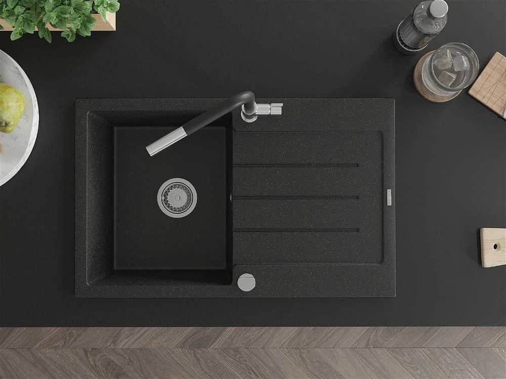 Granitinė virtuvinė plautuvė Mexen Bruno su maišytuvu ir sifonu, Metallic juodas/sidabrinis+Juodas/Chrome