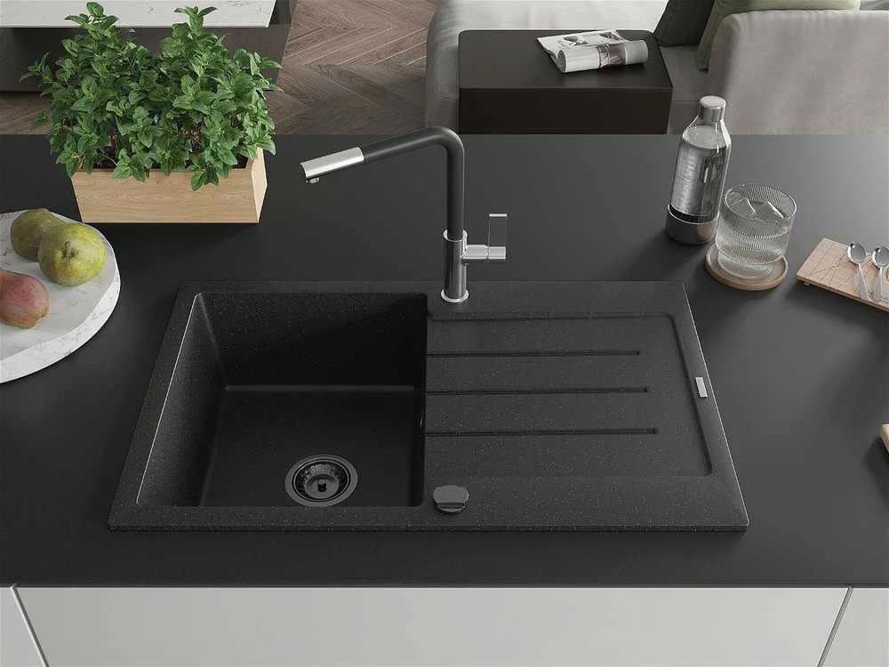 Granitinė virtuvinė plautuvė Mexen Bruno su maišytuvu ir sifonu, Metallic juodas/sidabrinis+Juodas/Chrome