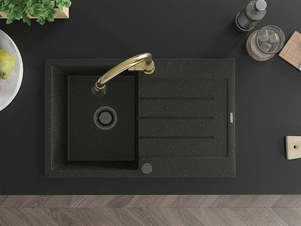 Granitinė virtuvinė plautuvė Mexen Bruno su maišytuvu ir sifonu, Metallic juodas/auksinis+Gold