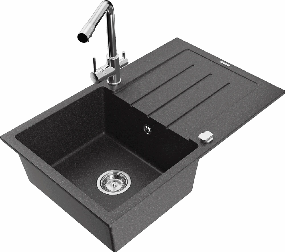 Granitinė virtuvinė plautuvė Mexen Bruno su maišytuvu ir sifonu, Juodas granite+Chrome