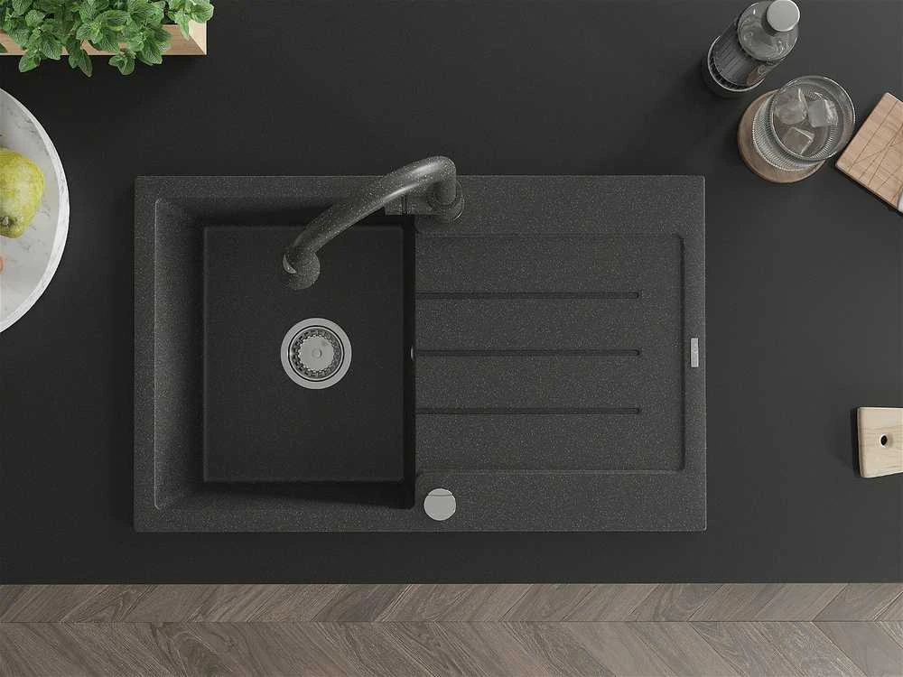 Granitinė virtuvinė plautuvė Mexen Bruno su maišytuvu ir sifonu, Juodas granite