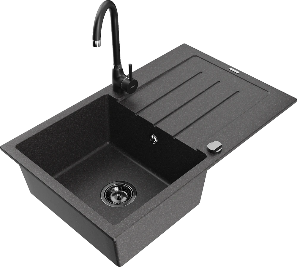 Granitinė virtuvinė plautuvė Mexen Bruno su maišytuvu ir sifonu, Juodas granite+Juodas