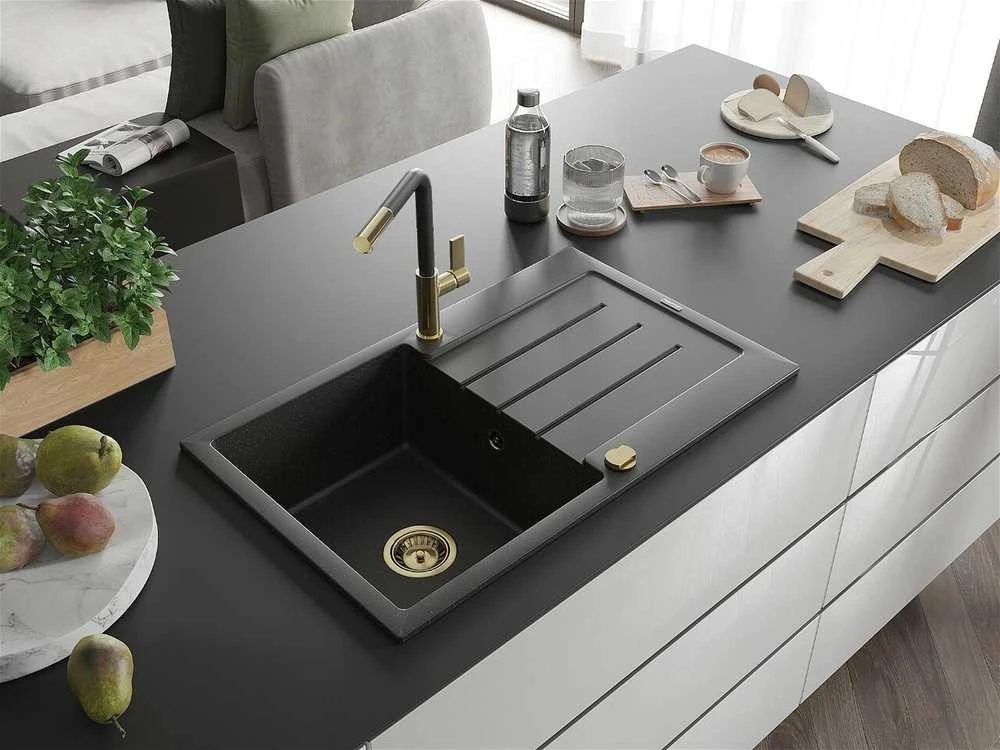 Granitinė virtuvinė plautuvė Mexen Bruno su maišytuvu ir sifonu, Metallic juodas/sidabrinis+Juodas/Gold