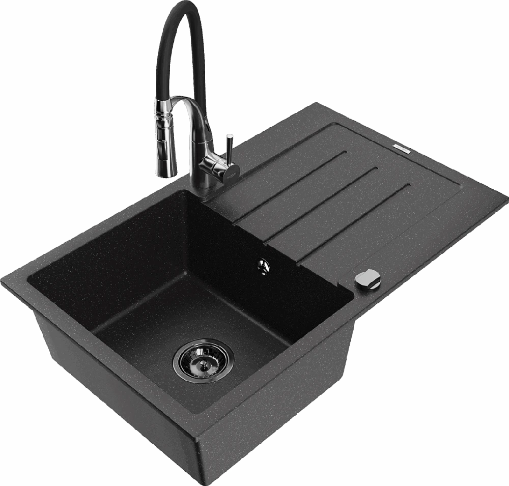 Granitinė virtuvinė plautuvė Mexen Bruno su maišytuvu ir sifonu, Metallic juodas/sidabrinis+Juodas/Chrome