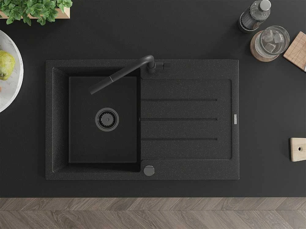 Granitinė virtuvinė plautuvė Mexen Bruno su maišytuvu ir sifonu, Metallic juodas/sidabrinis+Juodas
