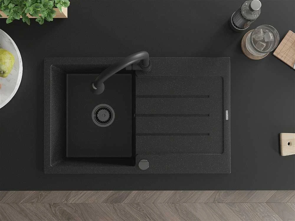 Granitinė virtuvinė plautuvė Mexen Bruno su maišytuvu ir sifonu, Metallic juodas/sidabrinis+Juodas