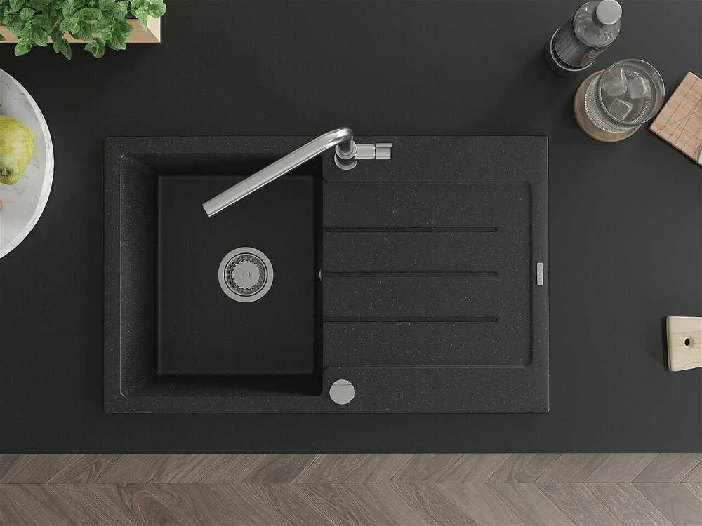 Granitinė virtuvinė plautuvė Mexen Bruno su maišytuvu ir sifonu, Metallic juodas/sidabrinis+Chrome