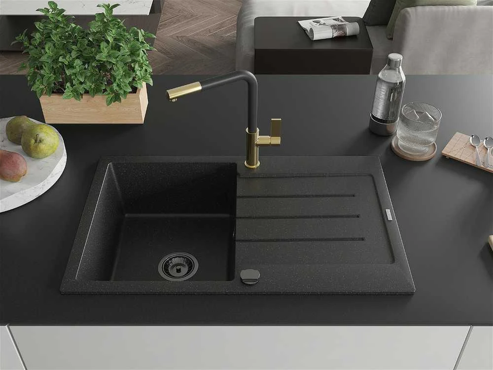 Granitinė virtuvinė plautuvė Mexen Bruno su maišytuvu ir sifonu, Metallic juodas/sidabrinis+Juodas/Gold