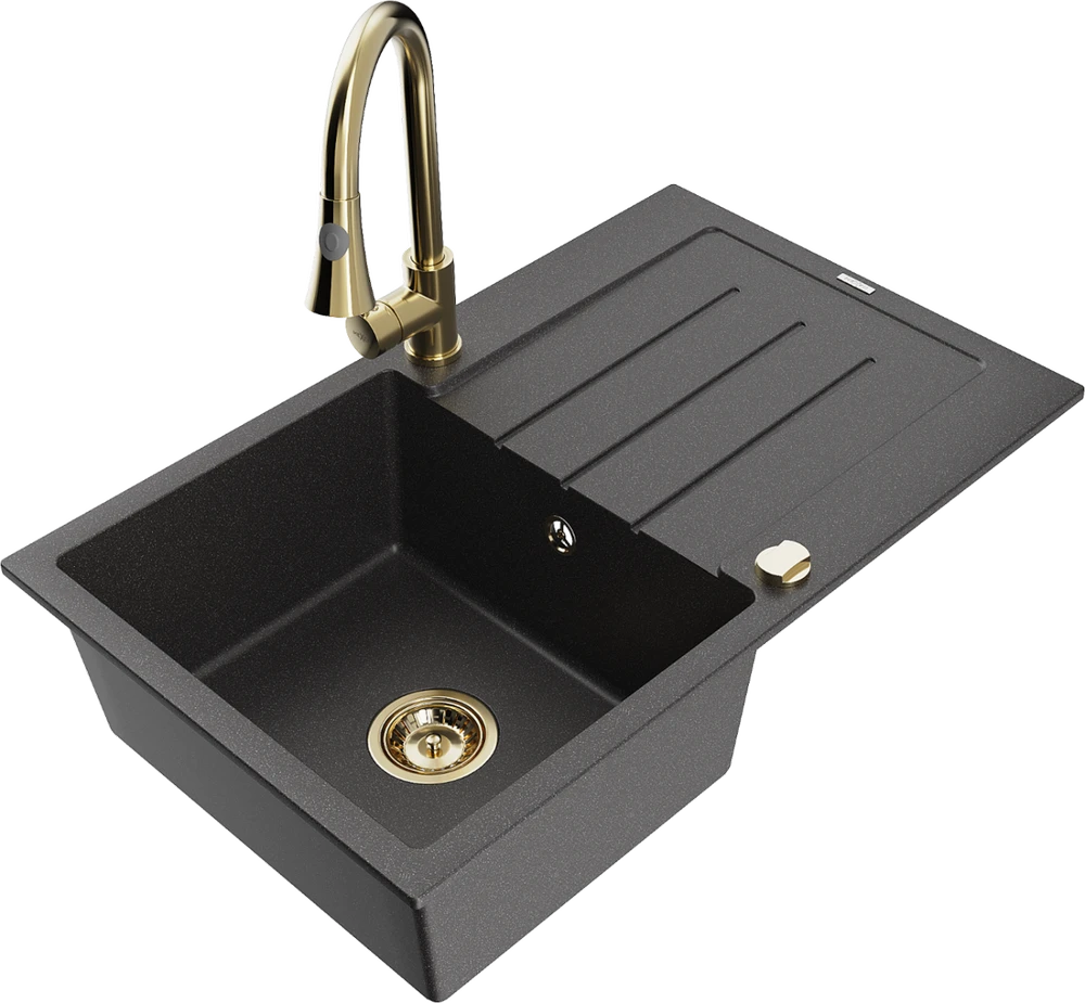 Granitinė virtuvinė plautuvė Mexen Bruno su maišytuvu ir sifonu, Juodas granite+Gold