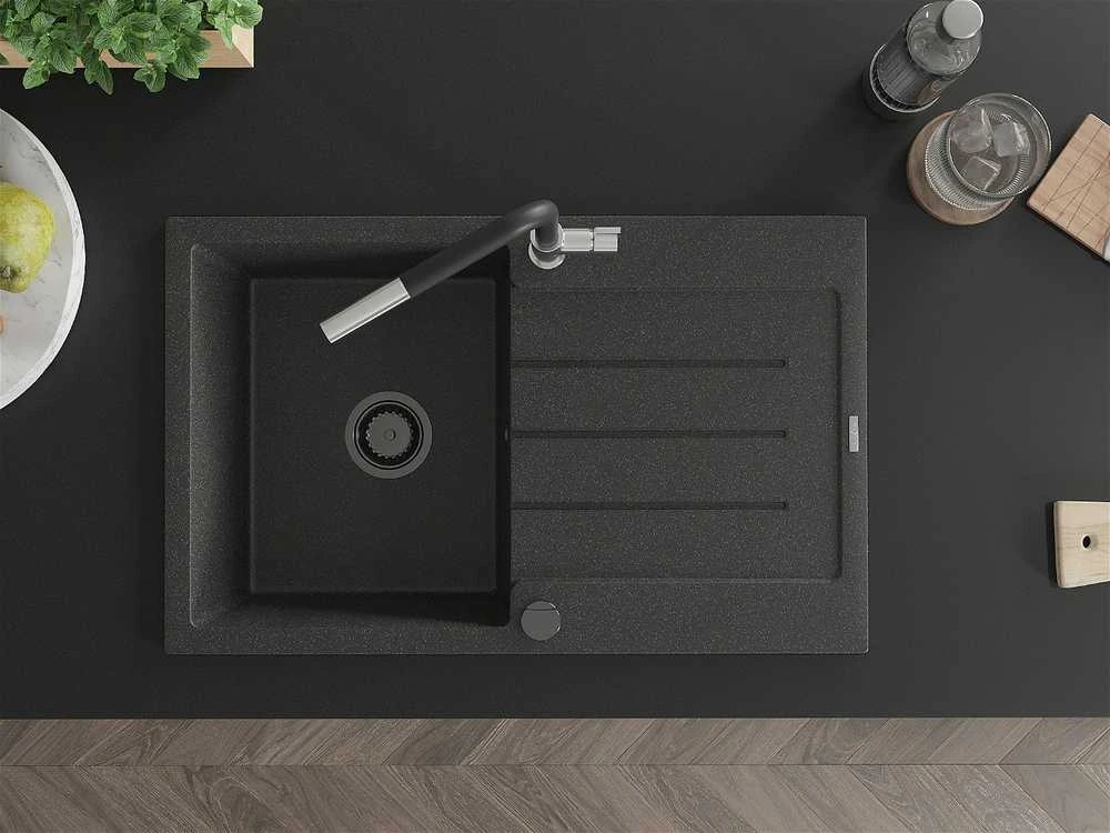 Granitinė virtuvinė plautuvė Mexen Bruno su maišytuvu ir sifonu, Juodas granite+Juodas/Chrome