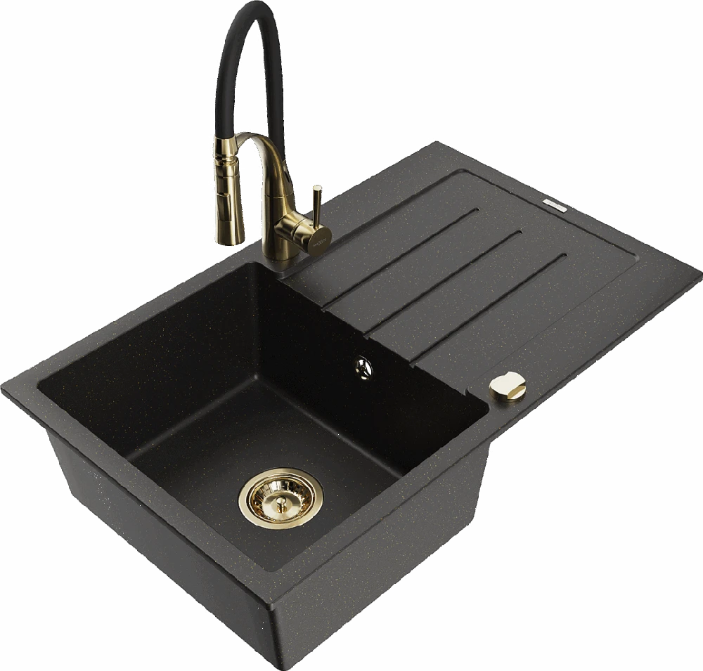 Granitinė virtuvinė plautuvė Mexen Bruno su maišytuvu ir sifonu, Metallic juodas/auksinis+Juodas/Gold
