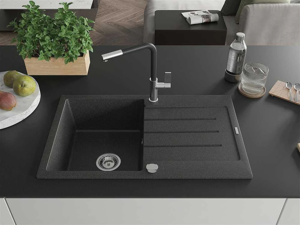 Granitinė virtuvinė plautuvė Mexen Bruno su maišytuvu ir sifonu, Juodas granite+Juodas/Chrome