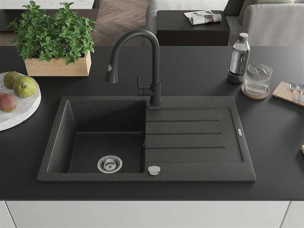 Granitinė virtuvinė plautuvė Mexen Bruno su maišytuvu ir sifonu, Juodas granite+Juodas