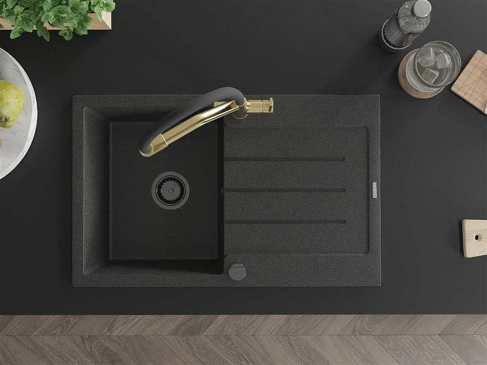Granitinė virtuvinė plautuvė Mexen Bruno su maišytuvu ir sifonu, Juodas granite+Juodas/Gold