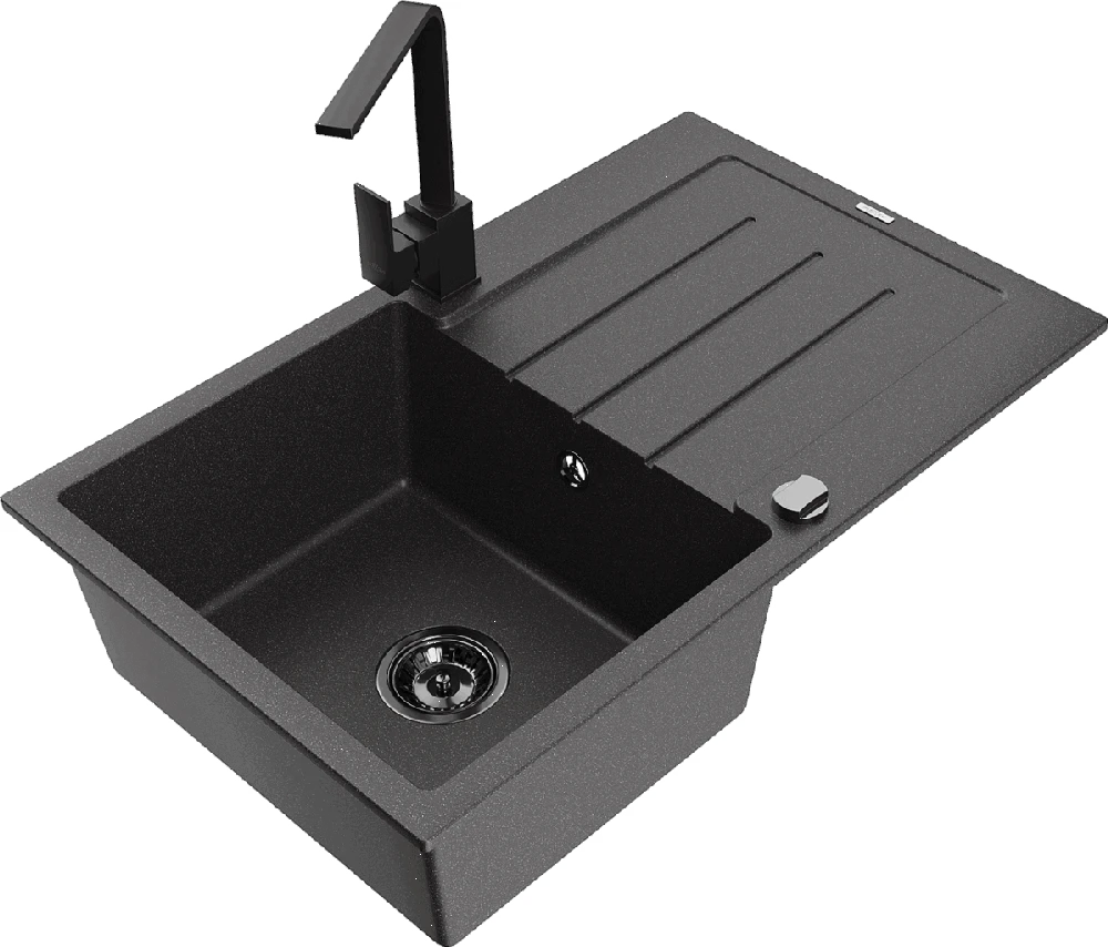 Granitinė virtuvinė plautuvė Mexen Bruno su maišytuvu ir sifonu, Juodas granite+Juodas