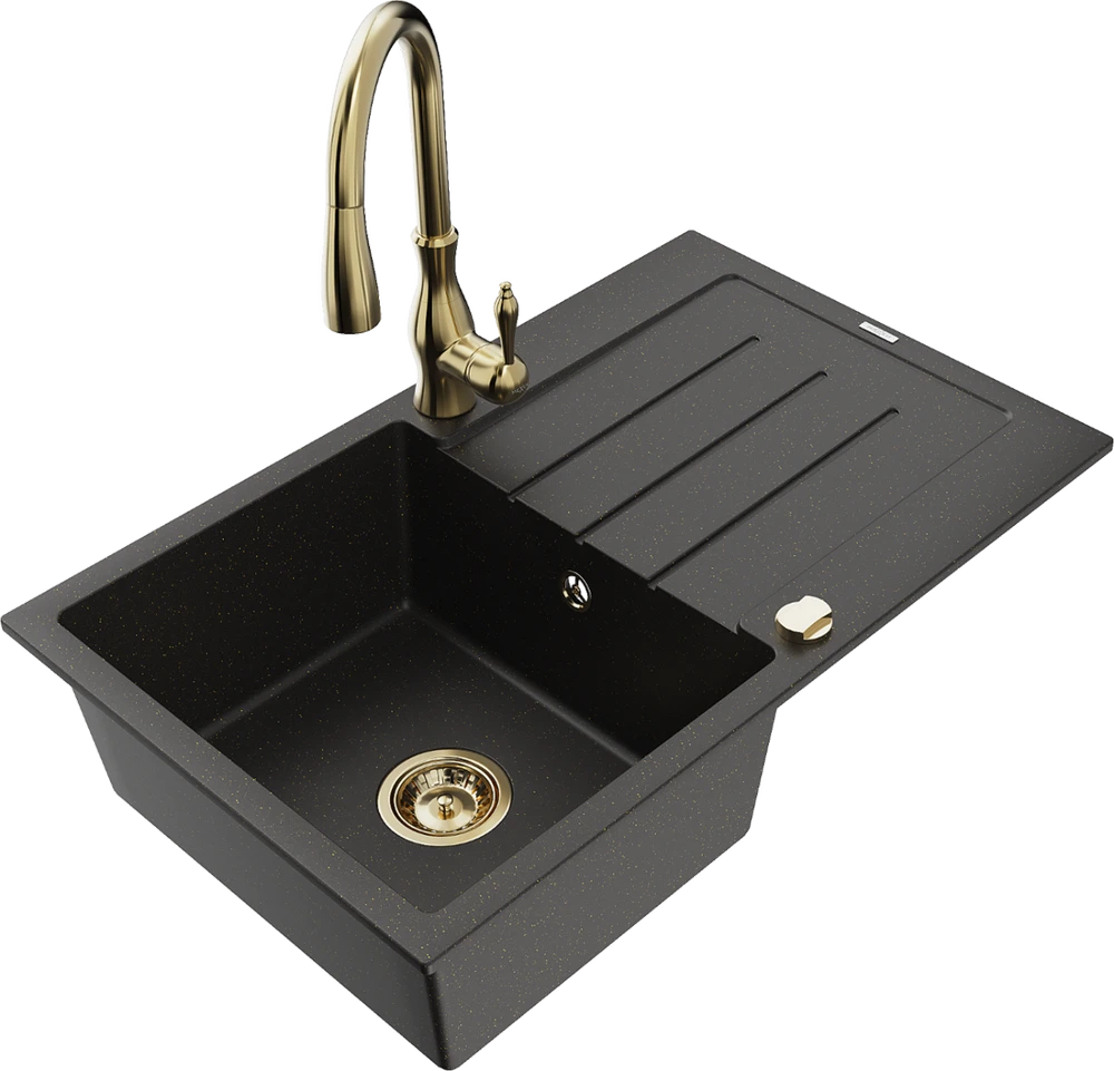 Granitinė virtuvinė plautuvė Mexen Bruno su maišytuvu ir sifonu, Metallic juodas/auksinis+Gold