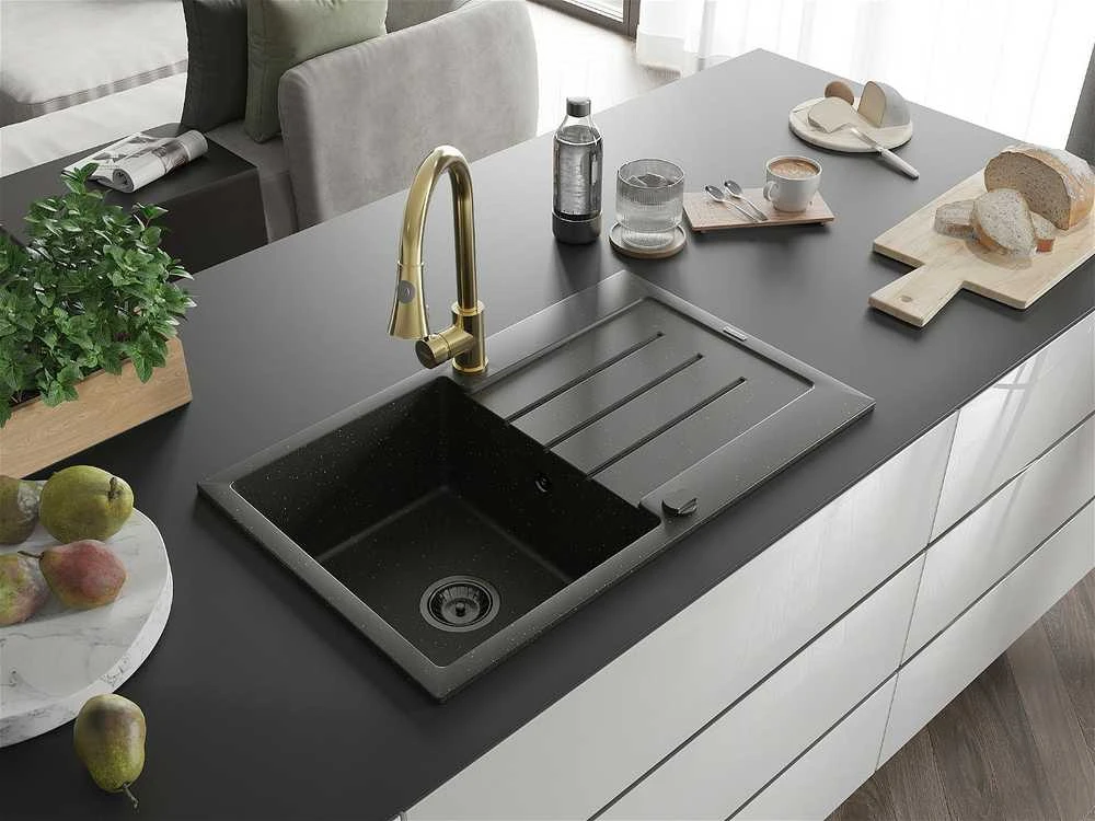 Granitinė virtuvinė plautuvė Mexen Bruno su maišytuvu ir sifonu, Metallic juodas/auksinis+Gold