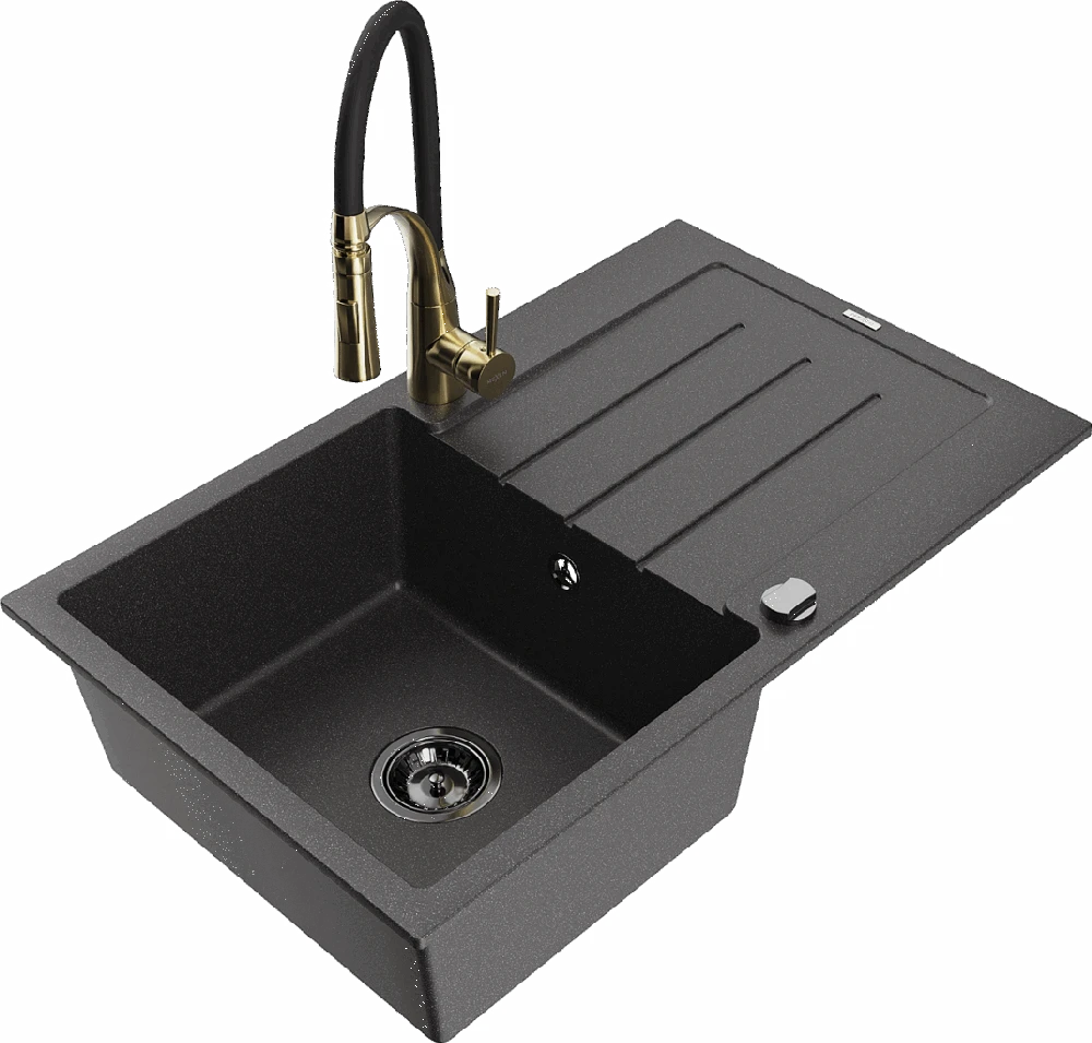 Granitinė virtuvinė plautuvė Mexen Bruno su maišytuvu ir sifonu, Juodas granite+Juodas/Gold