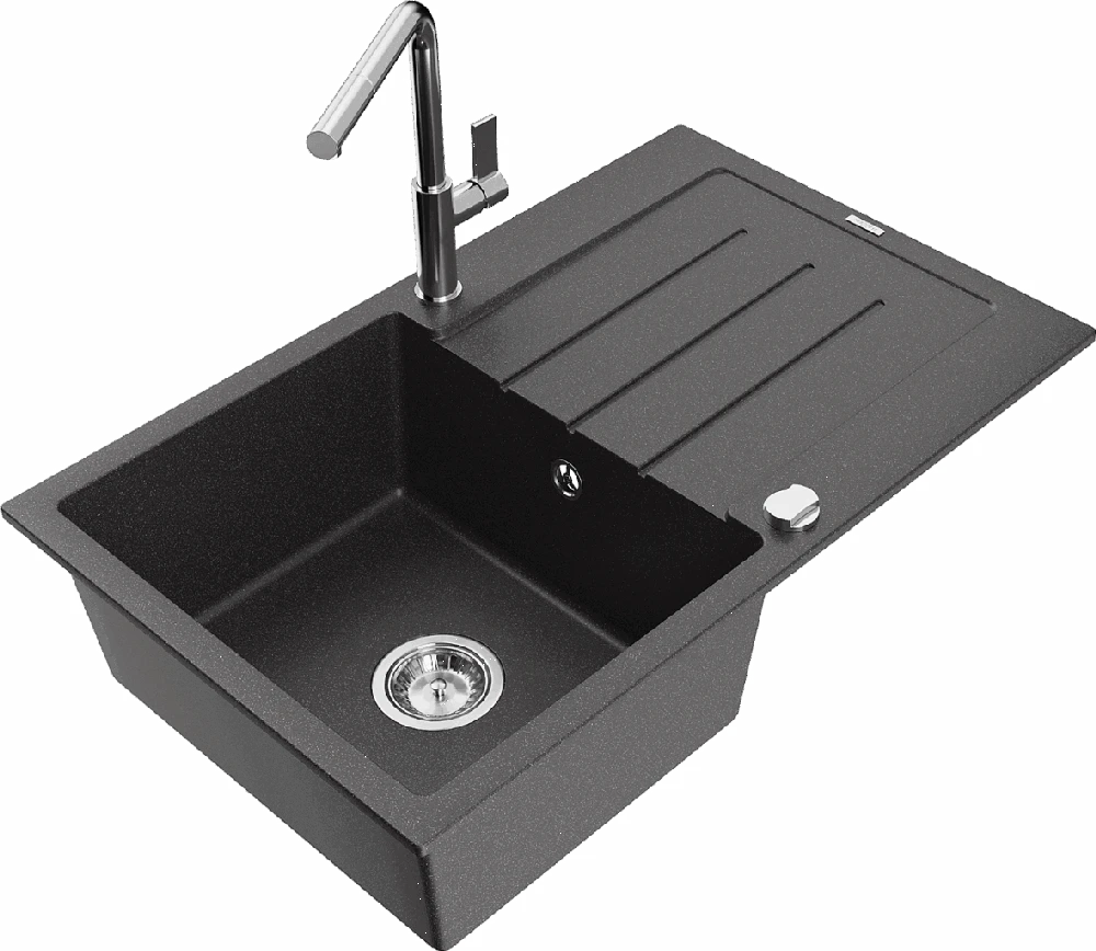 Granitinė virtuvinė plautuvė Mexen Bruno su maišytuvu ir sifonu, Juodas granite+Chrome